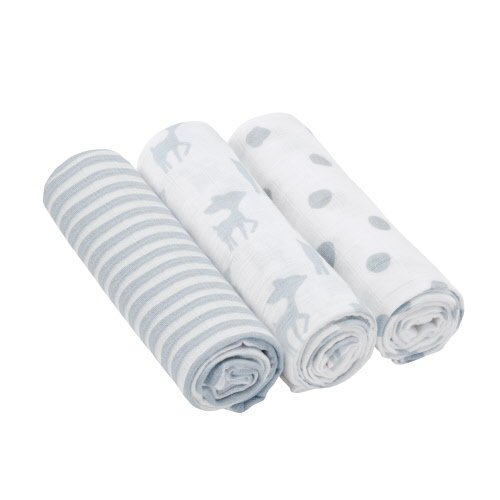 Lässig baby burp cloth, muslin nappies, cotton swaddle blanket, 85 x 85 cm, set of 3. 85 x 85 cm light blue