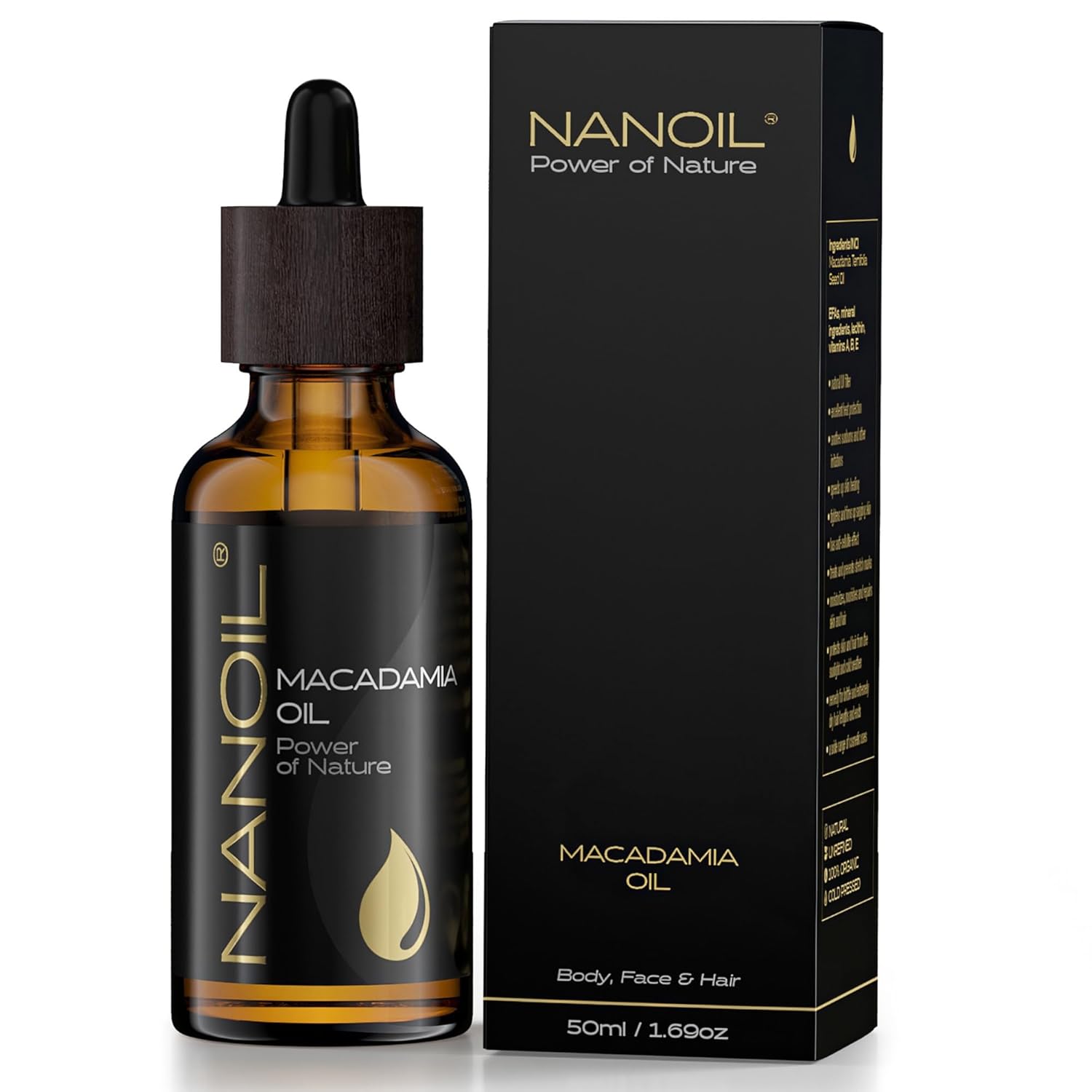 NANOIL Macadamia Oil - Natural Pure Cold Pressed Unroasted Macadamia Oil Nourishing Oil for Hair Body and Face ml Natural Care Supply of Nutrients Protection and Strengthening 50 ml