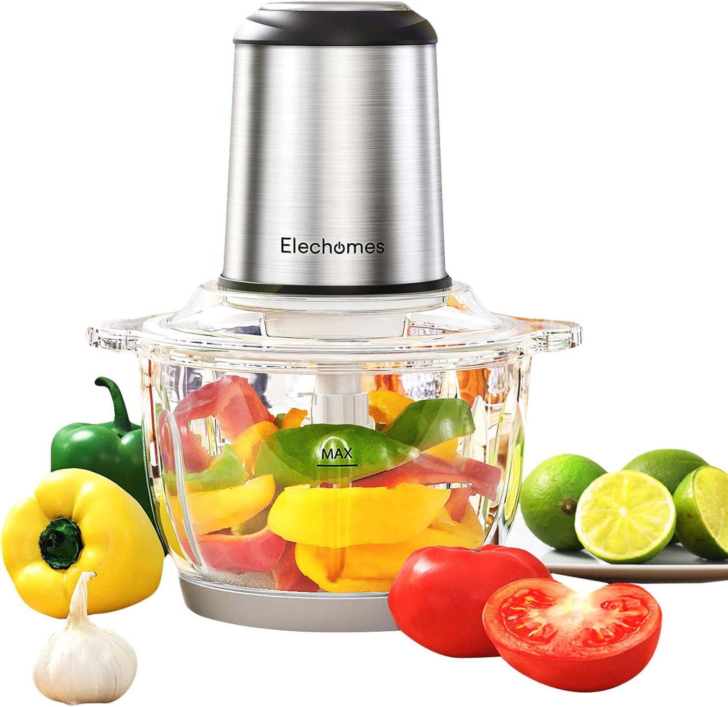 Elechomes Multi Chopper, Kitchen Electric Universal Chopper with 2 L Glass Container, 300 W Motor & 4 Removable Double Layer Robust Stainless Steel Blades, BPA-Free