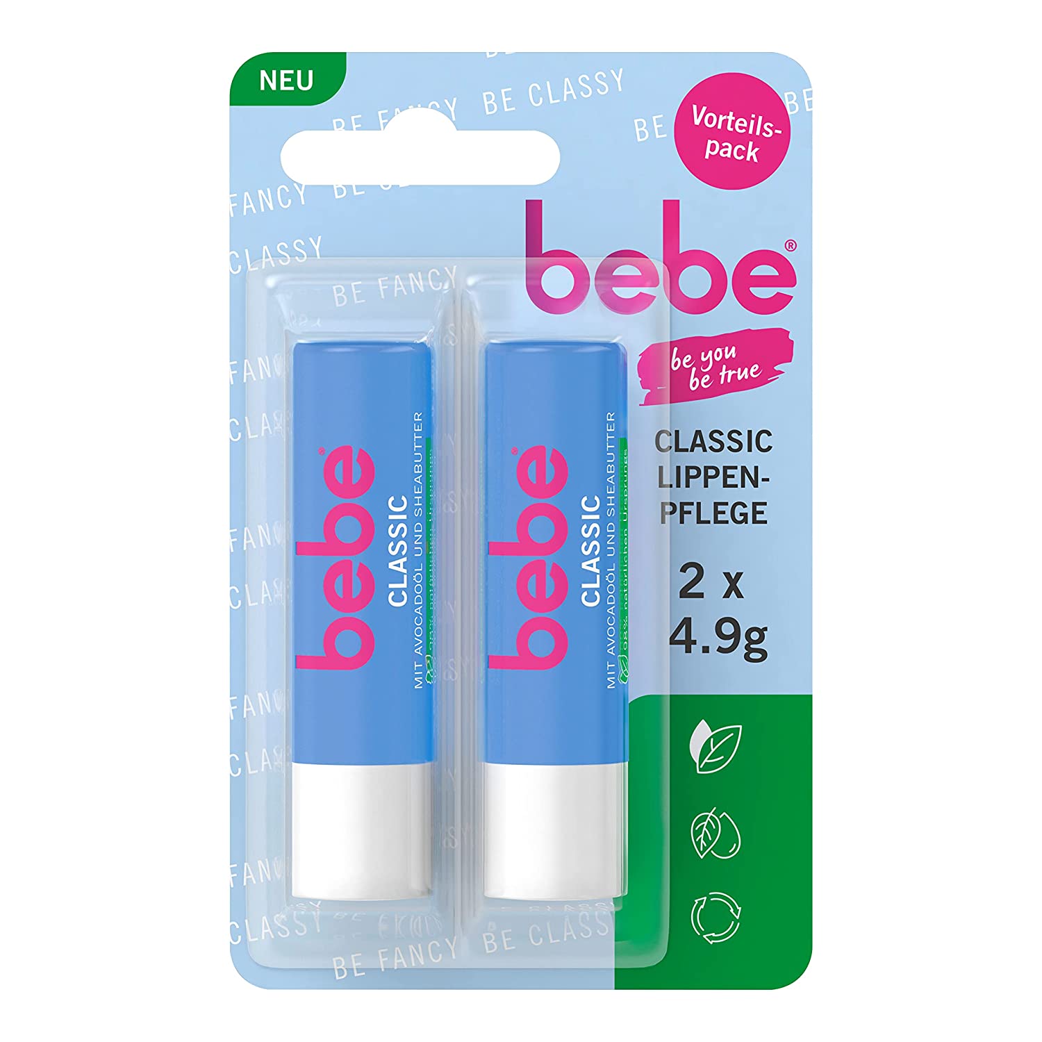 bebe Classic Lip Care Duo (2 x 4.9 g), Lip Balm with Avocado Oil and Shea Butter, Gently Nourishes with 98% Ingredients of Natural Origin, ‎white