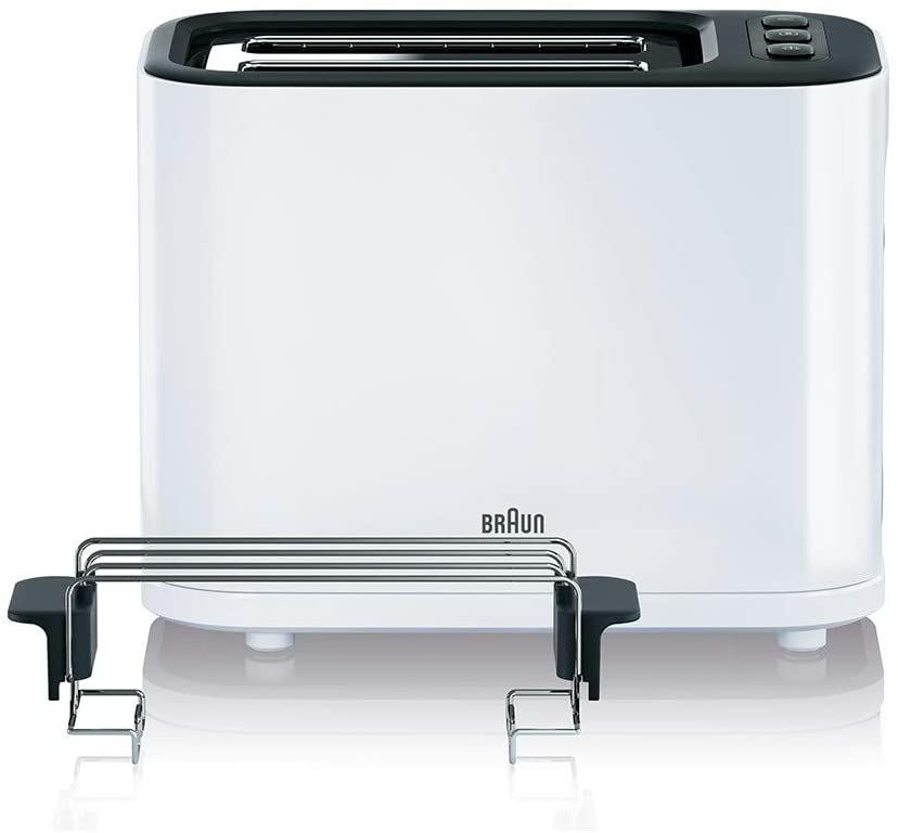 Braun HT 3010 WH Toaster, Double Slot, Removable Crumb Drawer, Warm-up and Defrost Function, 7 Roasting Levels, Separate Bun Attachment, White
