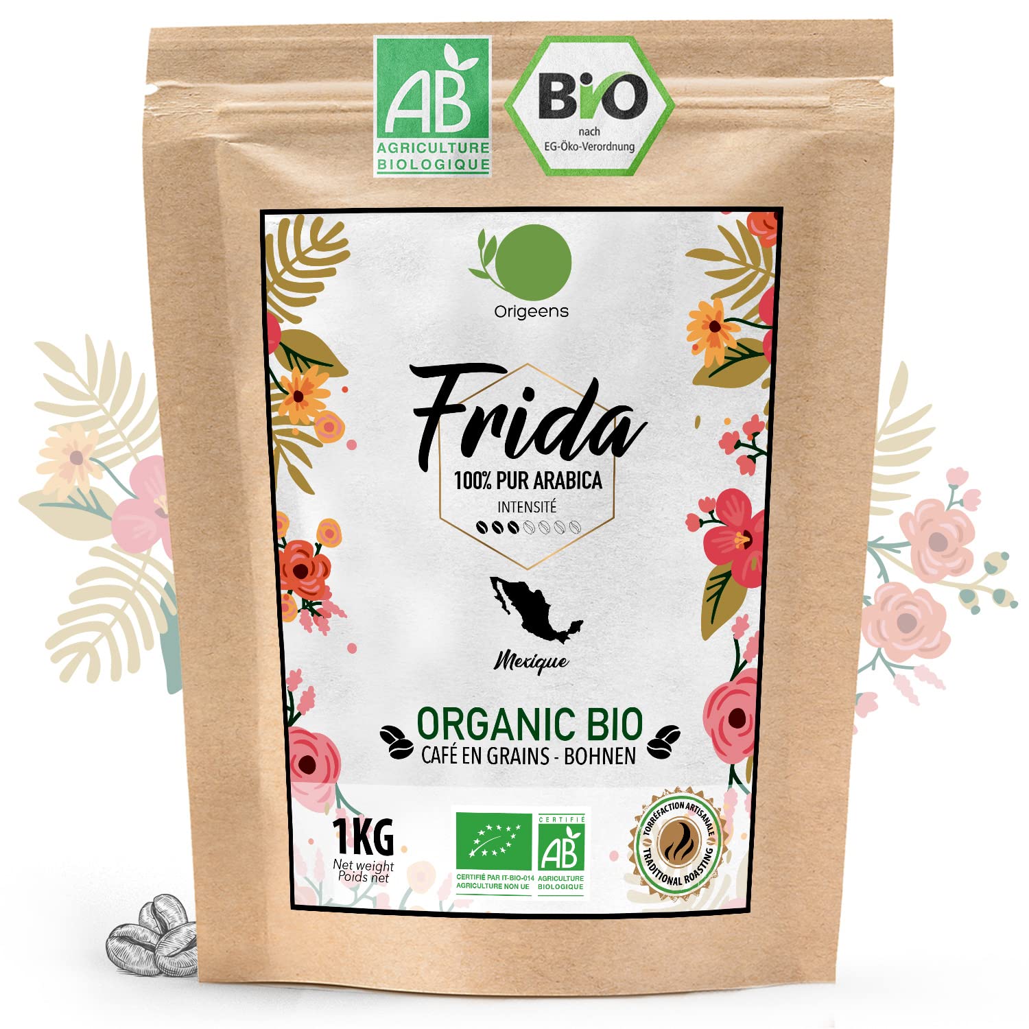 ORIGEENS Organic Coffee Beans 1kg | Organic Arabica Coffee Whole Beans | Single Origin Mexico Frida | Low Acid | Traditional roasting