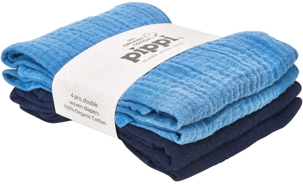 Pippi Muslin Cloths Pack Of 4 Organic Cotton Burp Cloths (Blue/Navy)