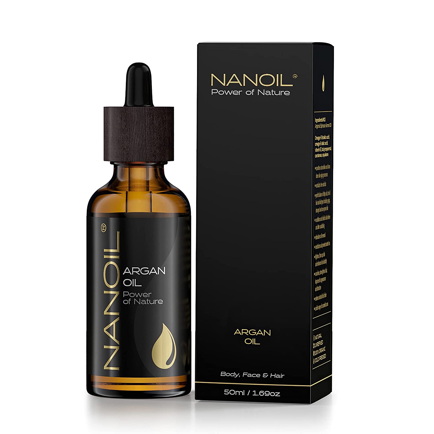 Nanoil Argan Oil - Natural, Pure, Cold Pressed Unroasted Organic Argan Oil Care Oil for Hair, Body and Face 50 ml Natural Care, Regeneration, Heat Protection and Anti-Ageing