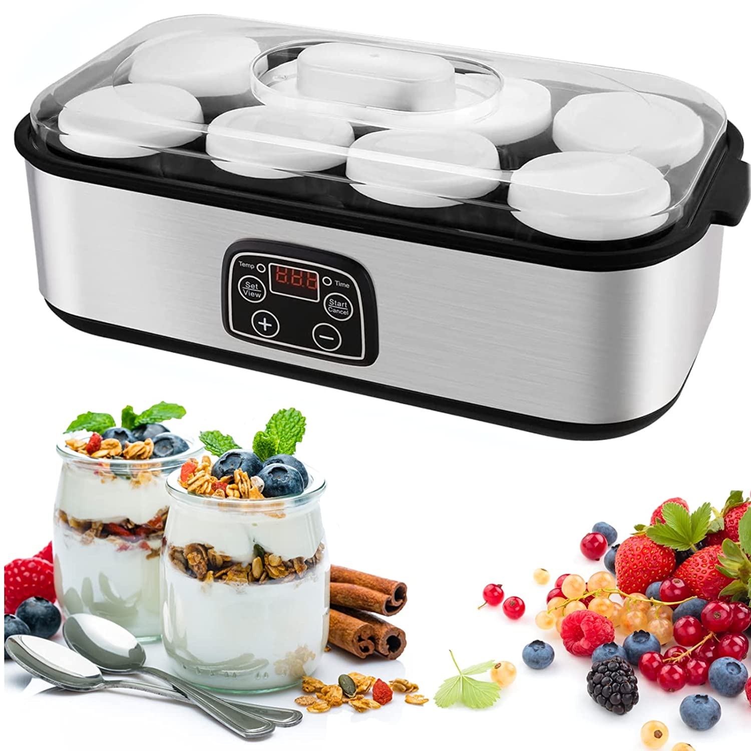 Momboo Yoghurt Maker, Yoghurt Maker with LCD Display, Electric Yoghurt Maker, with Temperature Control, Includes 8 Cups, Automatic Shut-Off, LCD Display, 8-48H, 20°C - 55°C