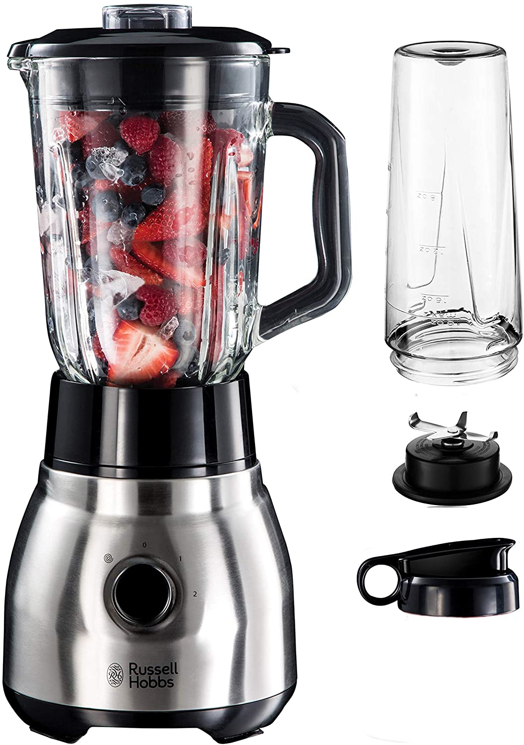 Russell Hobbs Stand Mixer Glass Steel 2-in-1, incl. to-go mug & lid, 1.5l glass container, blender 0.8 HP motor, pulse/ice crush function, mini smoothie maker 23821-56 [Exclusive at Amazon]