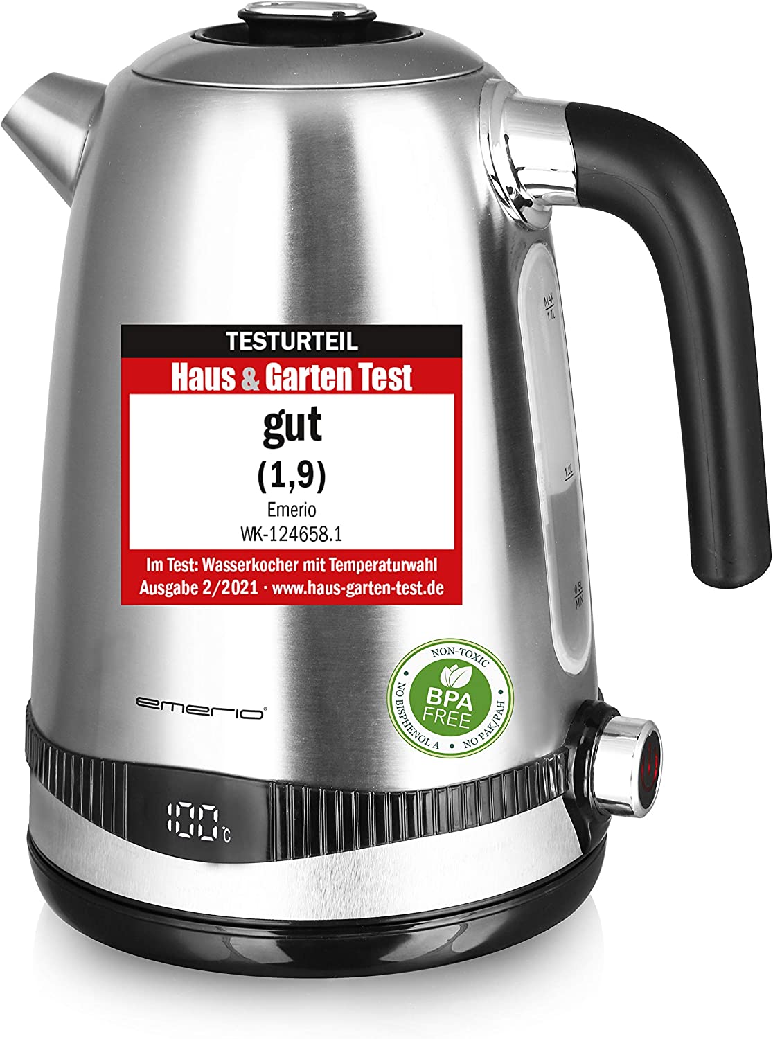 Emerio WK-124658.1 Stainless Steel Kettle, 1.7 Litres, 2200 Watt, Temperature Selection [40°, 50°, 60°, 70°, 80°, 90°, 100°C], 360° Base, Keep Warm Function, Display with Temperature Display with Temperature Display, BPA Free. Silver