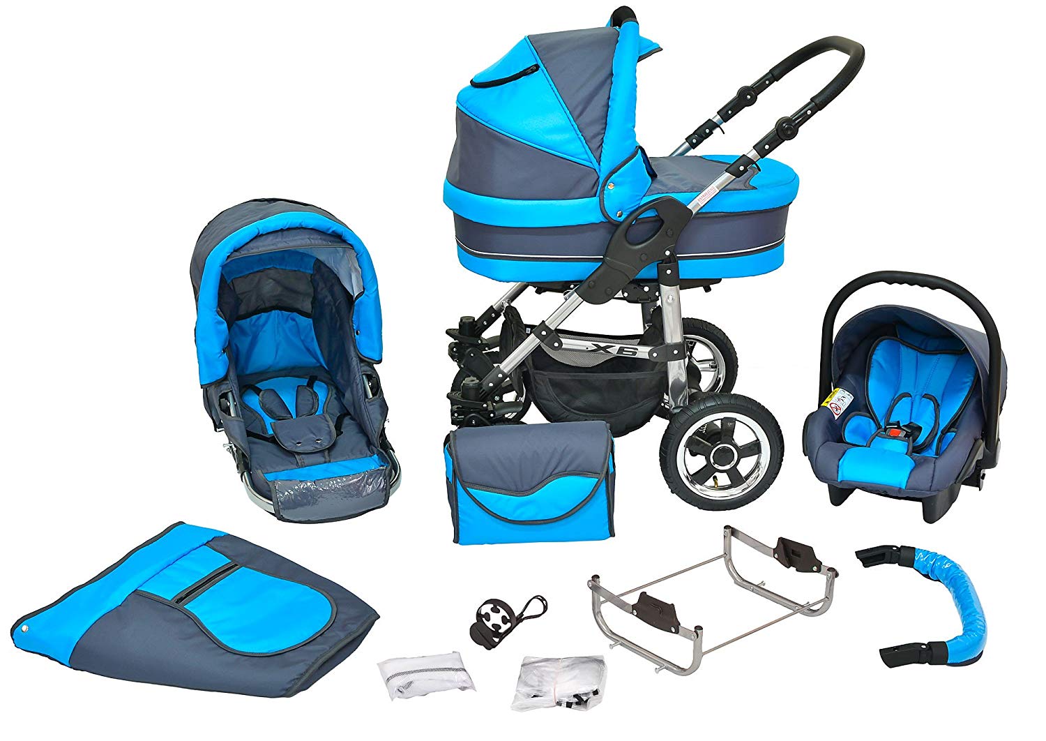 Combi Pushchair X6 – 3 in 1 Combi Pushchair Buggy Graphite/Turquoise