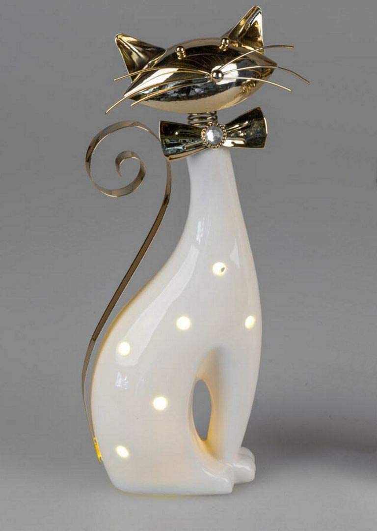 Itrr Decorative Cat White / Gold With Led Light, Approx. 32 Cm.