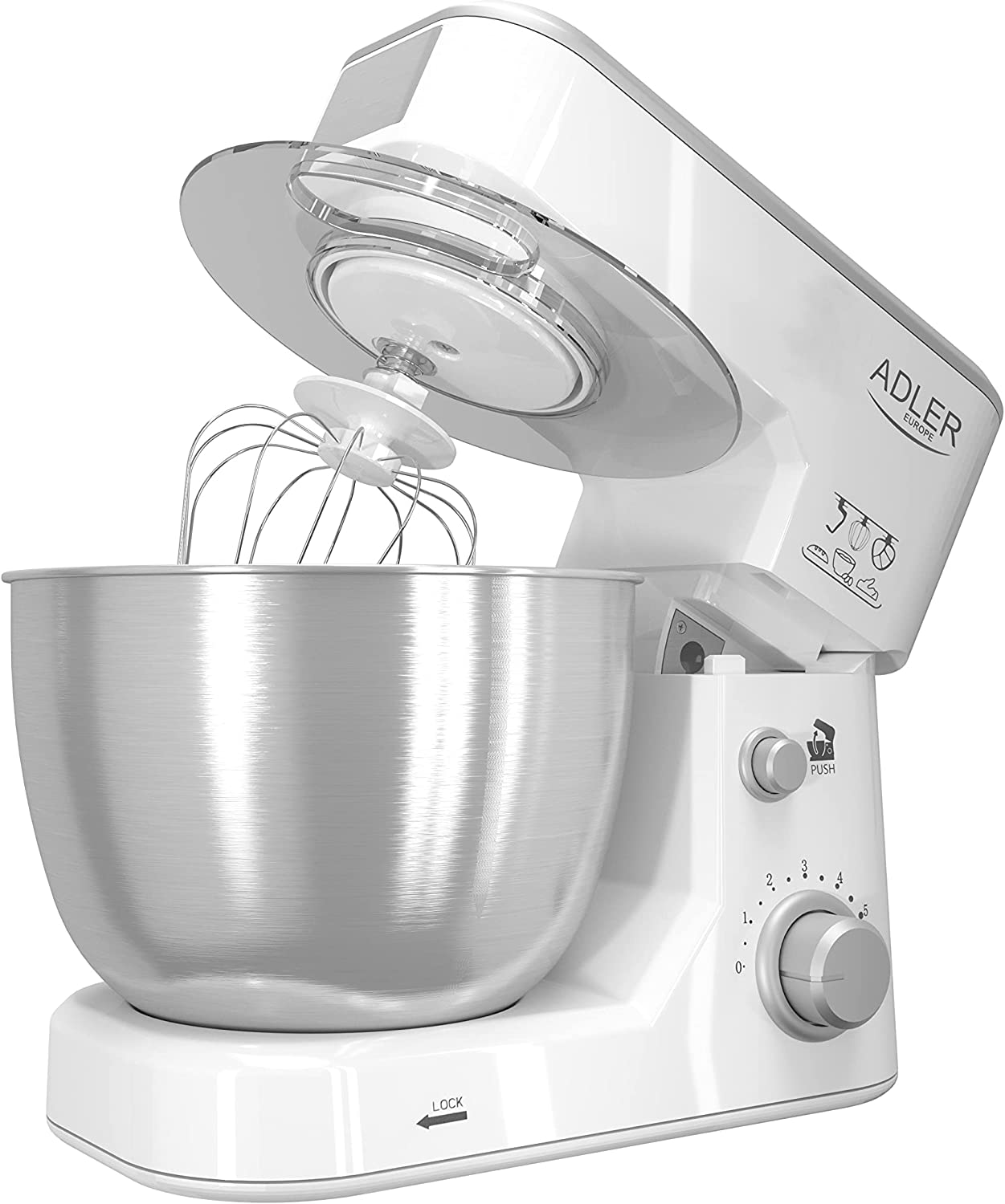 Young Adler AD4216 Food Processor, Kneading Machine, 1000 W, Stainless Steel Bowl 4 L, 6 Levels, Mixing Machine with Dough Hook, Whisk, Whisk