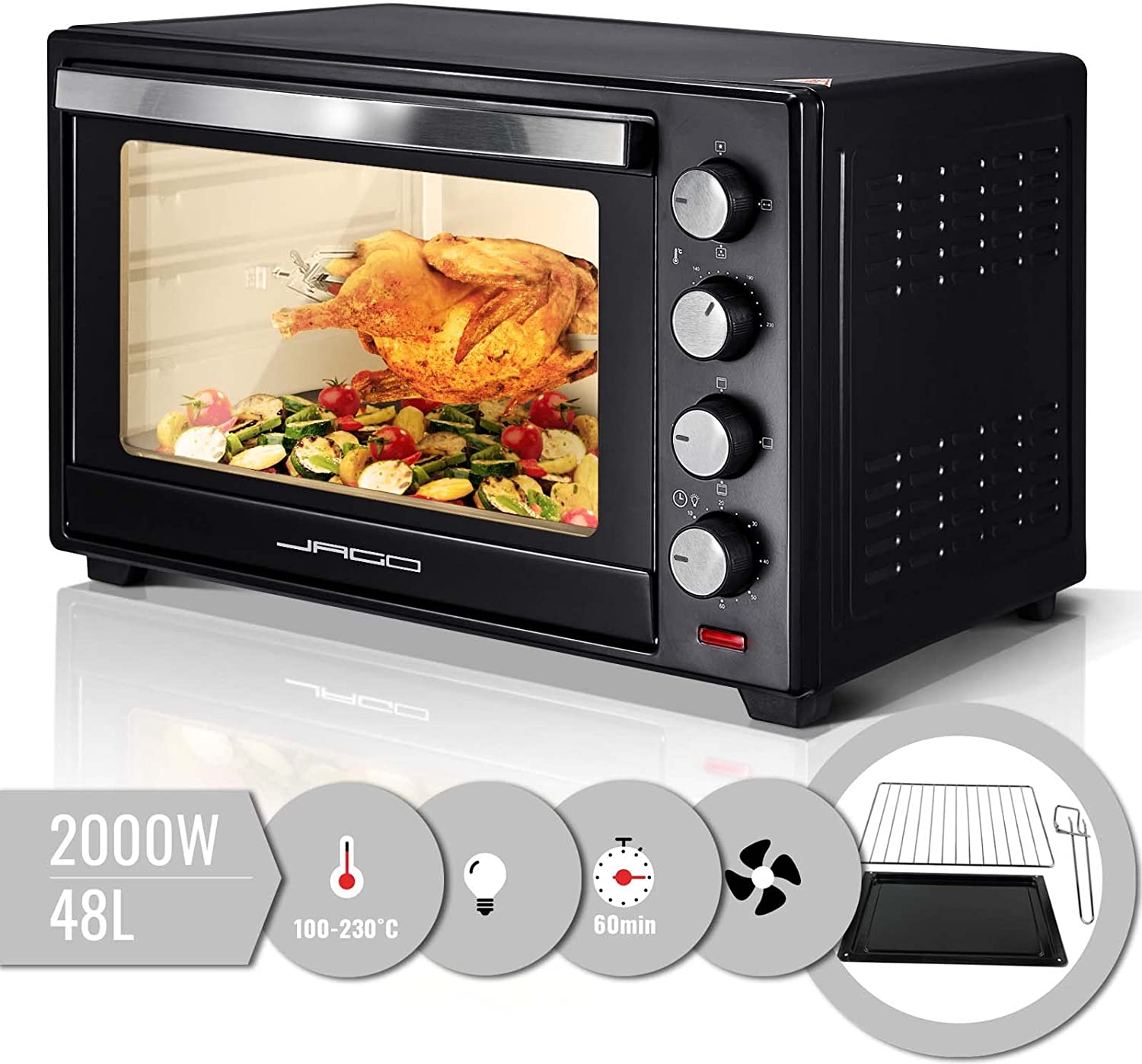 Jago® Mini Oven with Recirculation - Interior Lighting, Electric, Double Glass Door, Timer, 100-230°, 2000W, 48L, 5 Heat Types, Rotisserie Spit, Black - Mini Oven, Mini Kitchen, Barbecue, Pizza Oven