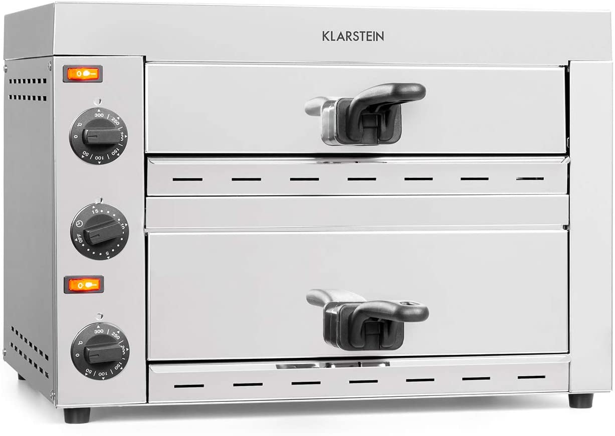 Klarstein Vesuvio II Pro Gastro Pizza Oven, 2260 Watt, 2 Chambers, 360 x 330 mm Baking Surface, Temperature up to 300 °C, Crumb Drawers, Stainless Steel, Pizza Oven, for Bread and Baked Goods, Silver