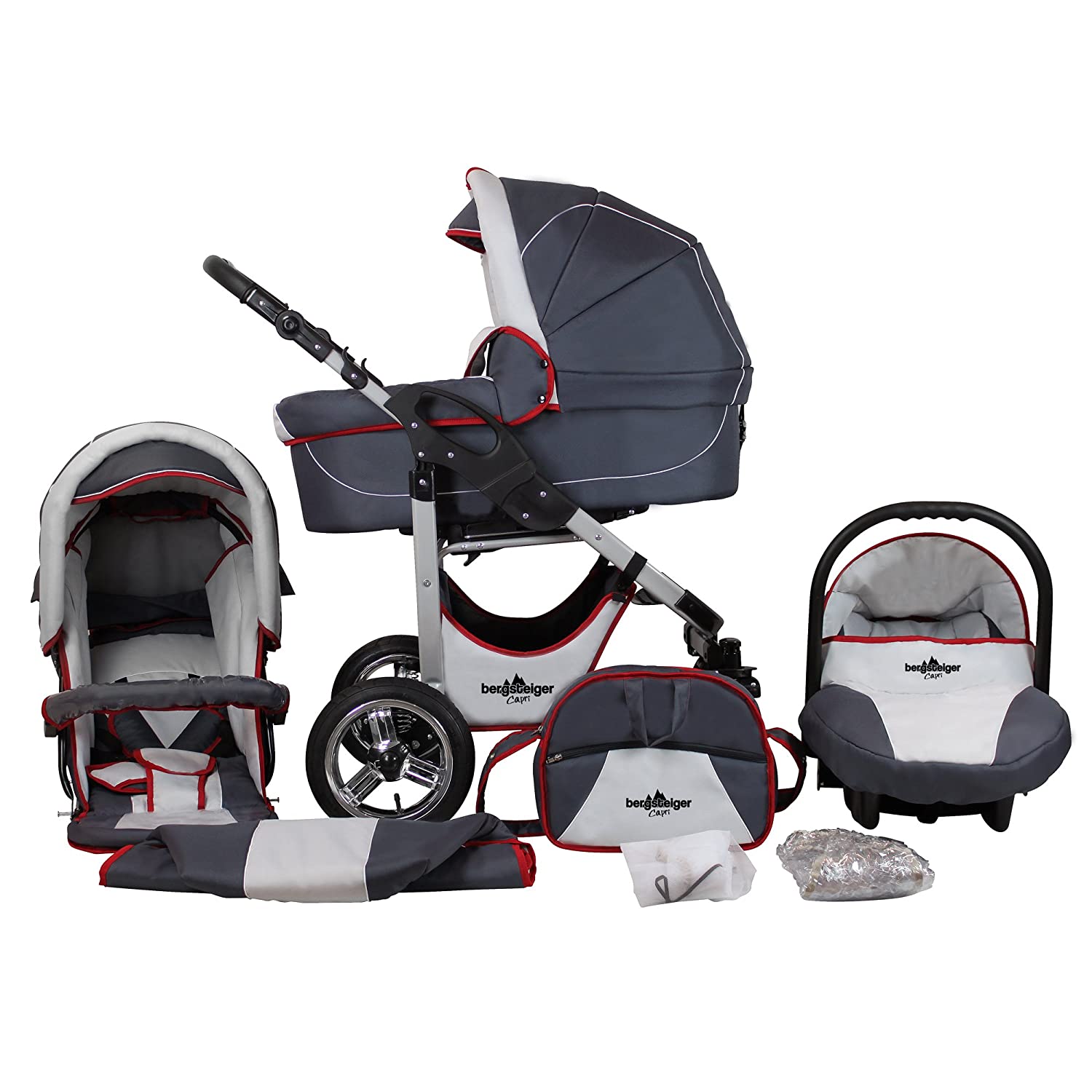 Bergsteiger Capri pushchair 3 in 1 combination pushchair Megaset 10 parts incl. Baby seat, baby carriage, sports pram and accessories.