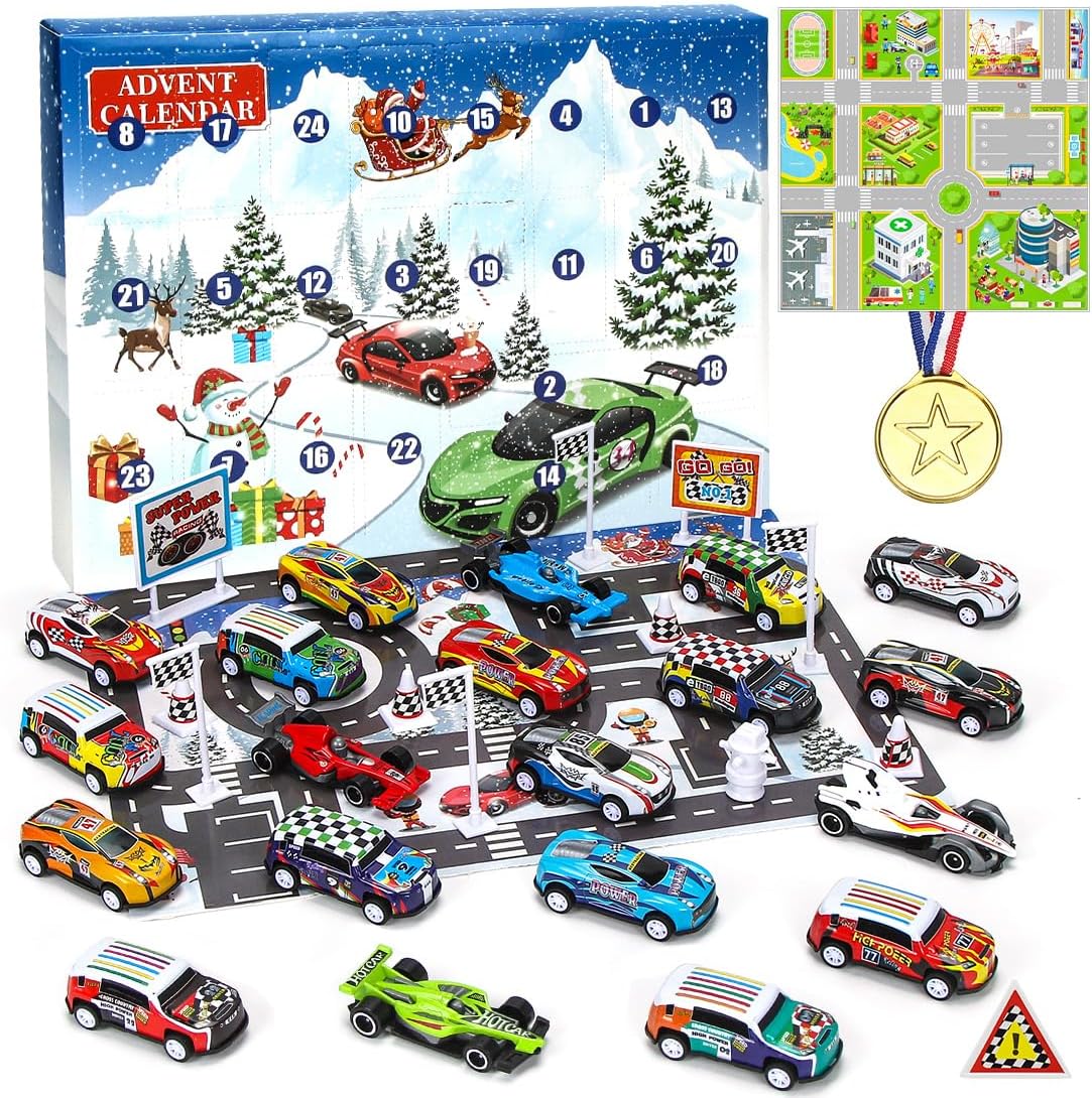 Advent Calendar Car, Advent Calendar 2023 Children, Racing Toy with Medal Street Sign, Advent Calendar Cars, Christmas Calendar Gifts for 3-12 Years Old Boys Girls