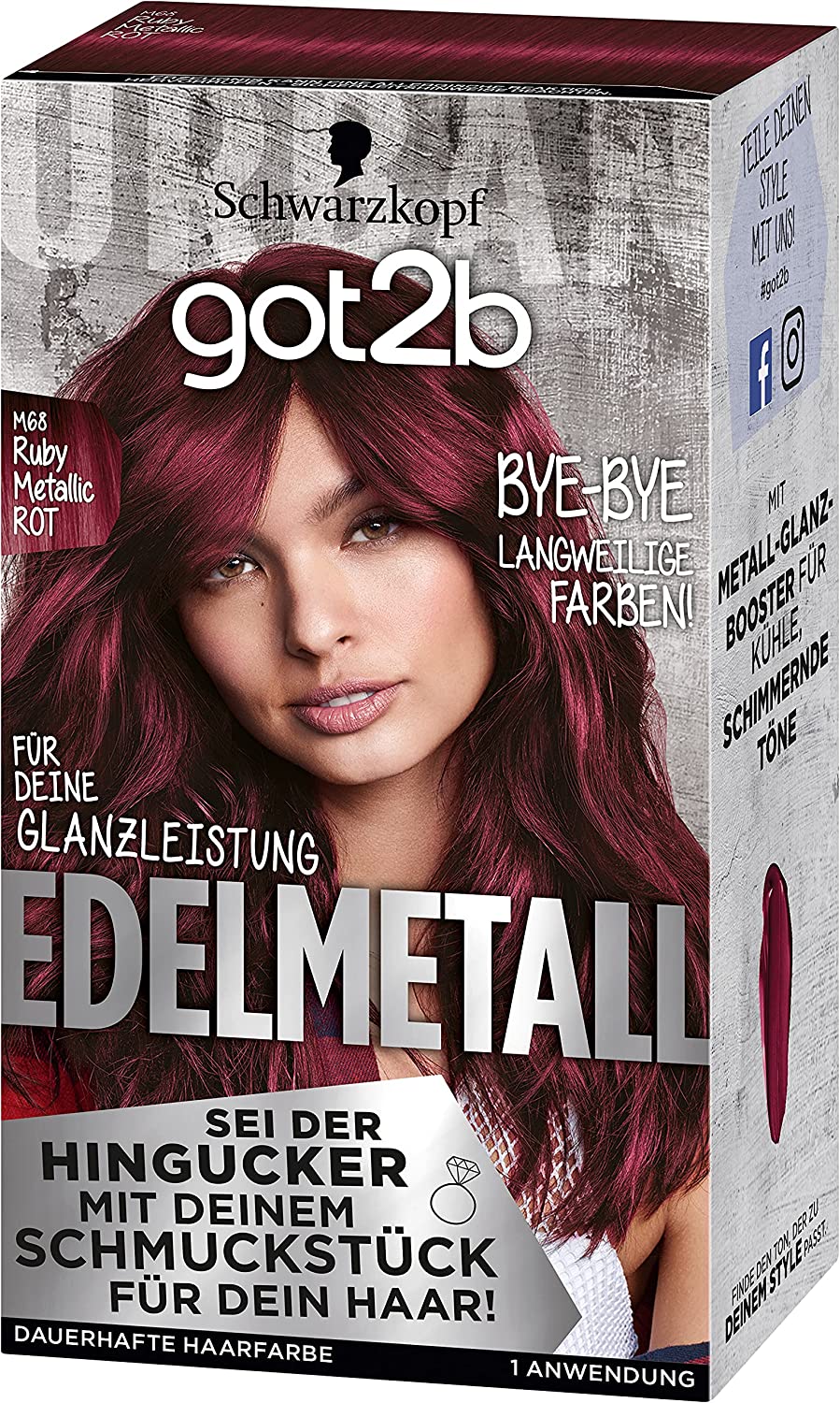 got2b Edelmetall M68 Ruby Metallic Stufe 3 (3 x 143 ml), Haarfarbe mit Metall-Glanz-Booster für kühle, schimmernde Töne, Coloration mit Anti-Verblassen-Effekt, silber ‎ruby