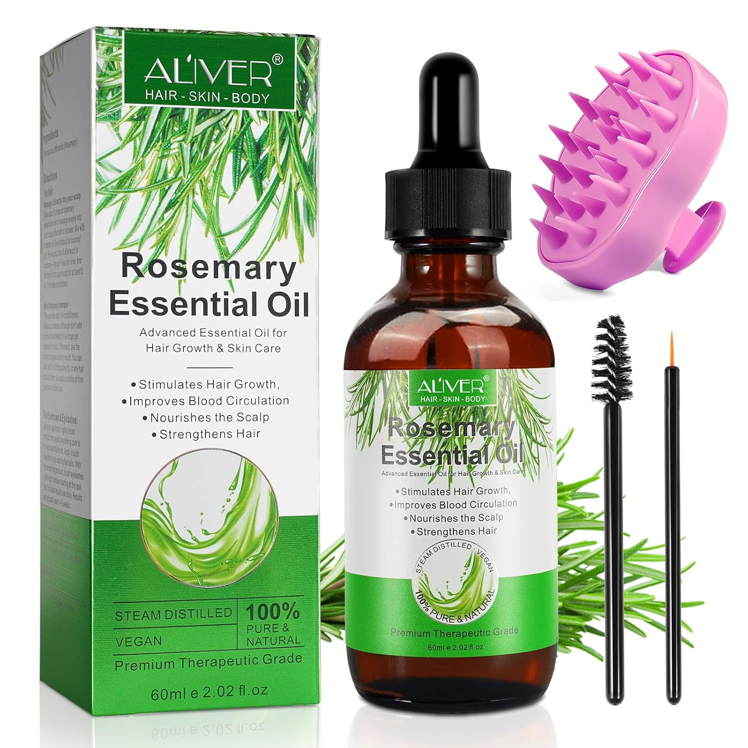 Rosemary Oil for Hair Growth 60 ml - Premium Rosemary Essential Oil for Thinning Dry Damaged Hair Ingrown Regrowth Loss Women Men with Silicone Scalp Massager