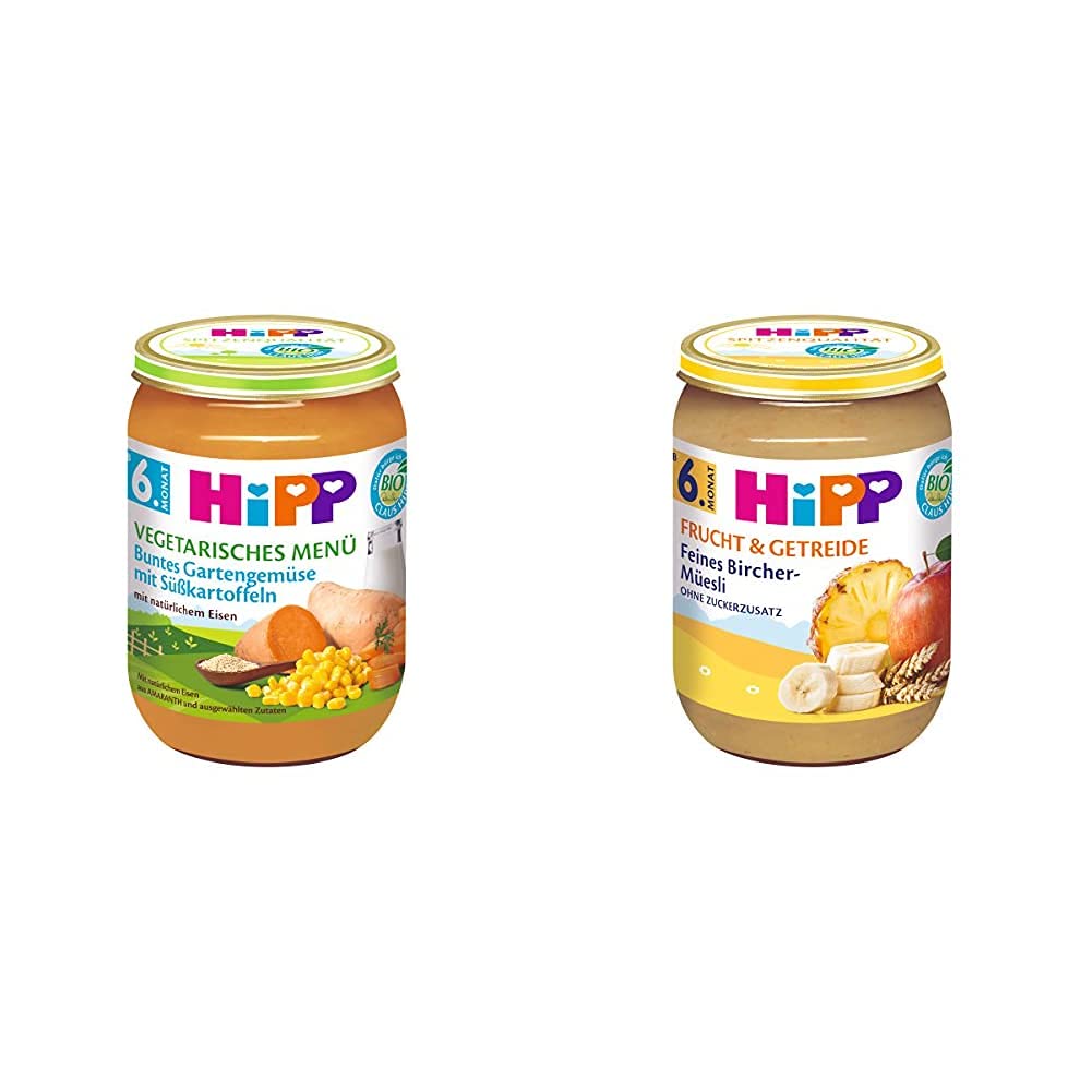 HiPP Buntes Gartengemüse mit Süßkartoffeln, 6er Pack (6 x 190 g) & Feines Bircher-Müesli, 6er Pack (6 x 190 g)