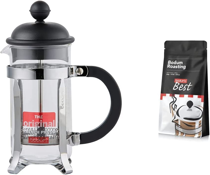 Bodum 1913-01 Caffettiera Coffee Maker (French Press System, Permanent Stainless Steel Filter, 0.35 Litres) Black + Coffee Best 1 Pachamama + Santos 250 g