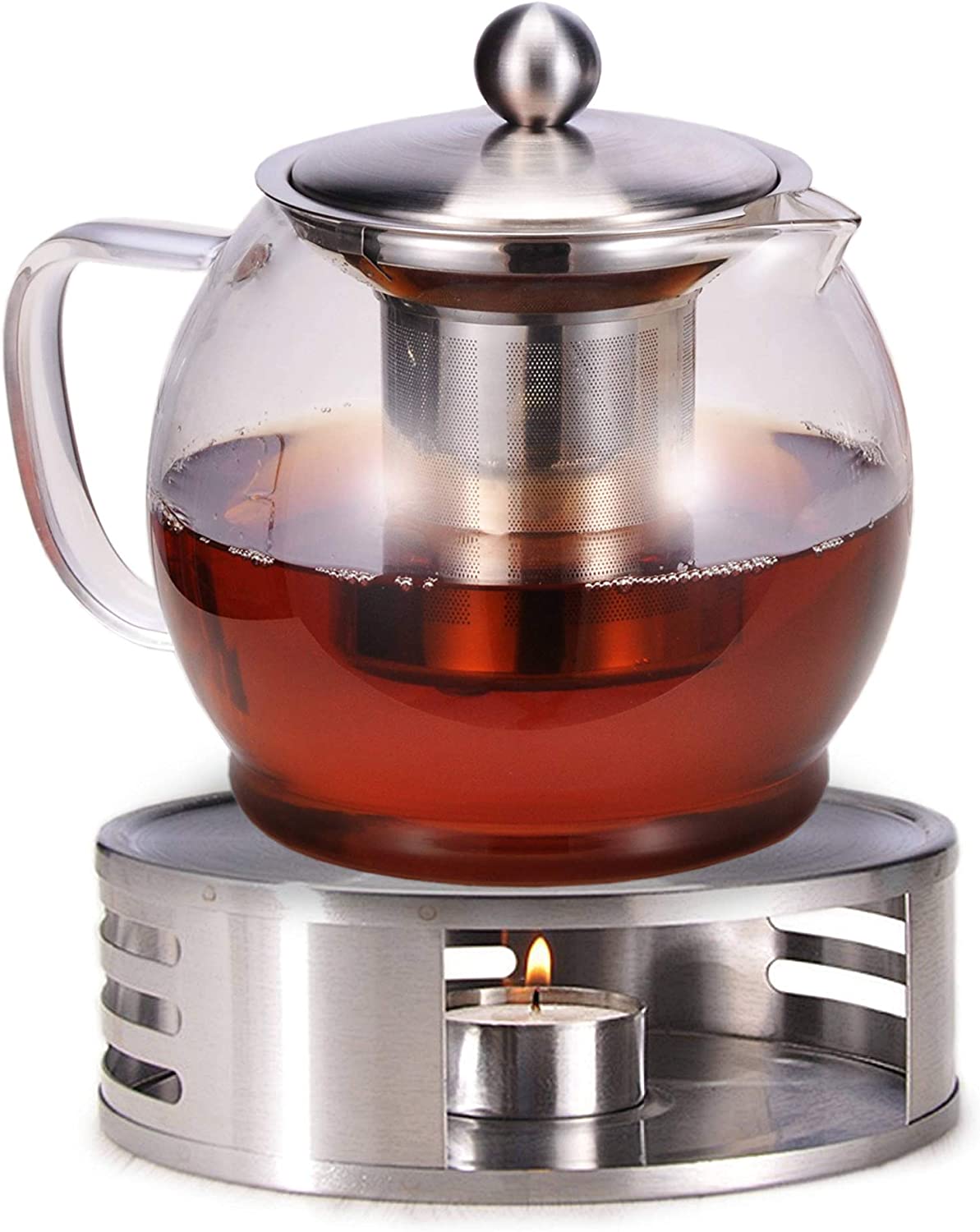 Gravidus Glass teapot with warmer and strainer insert, 1.2 litres, tea set, tea warmer and tea maker, coffee pot, glass jug for tea and coffee with lid