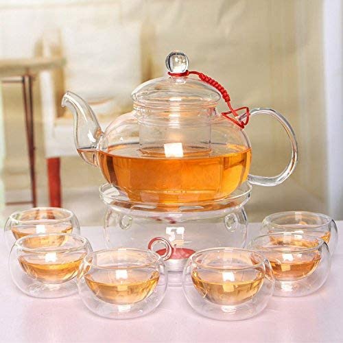 Beddingleer Glass teapot 600 ml tea maker + 6 tea cups + warmer with glass filter and glass lid made of high-quality borosilicate glass