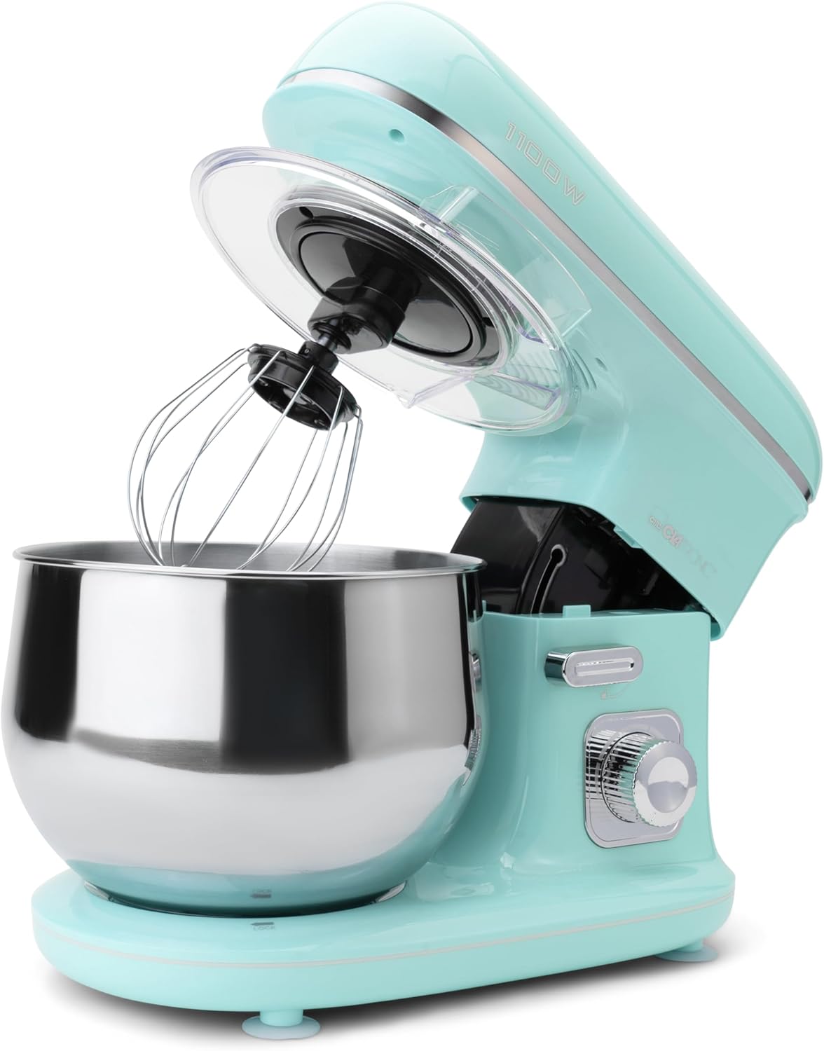 Clatronic Rock\'n\'Retro KM 3711 Kneading Machine with Transparent Splash Guard Lid with Refill Opening and Pivoting Multifunctional Arm 1100 Watt 5 Liter, Mint-green