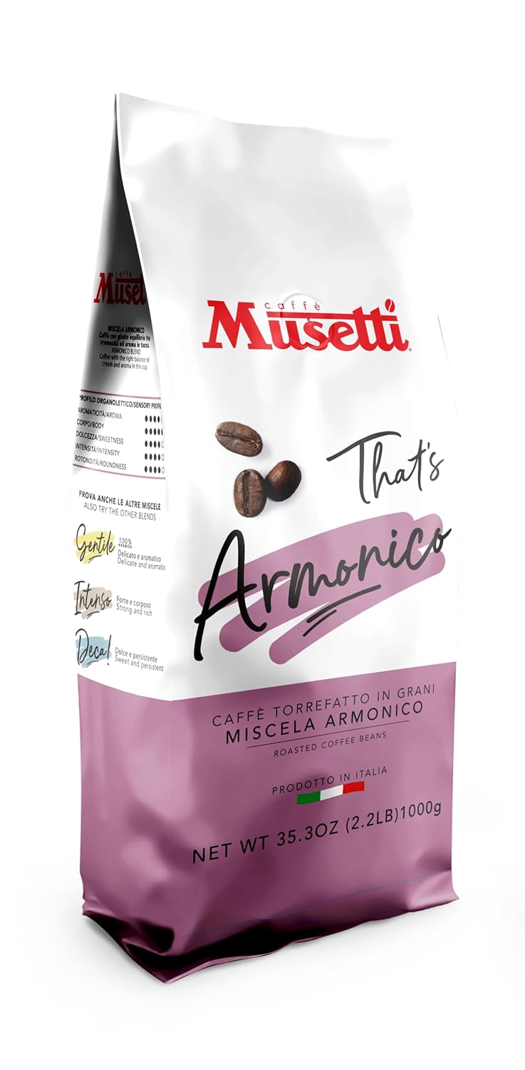 Caffè Musetti, coffee beans Harmonious blend, intensity 4/5 with notes of cocoa and hazelnut, Arabic quality and robust, with an intense and balanced taste, full and