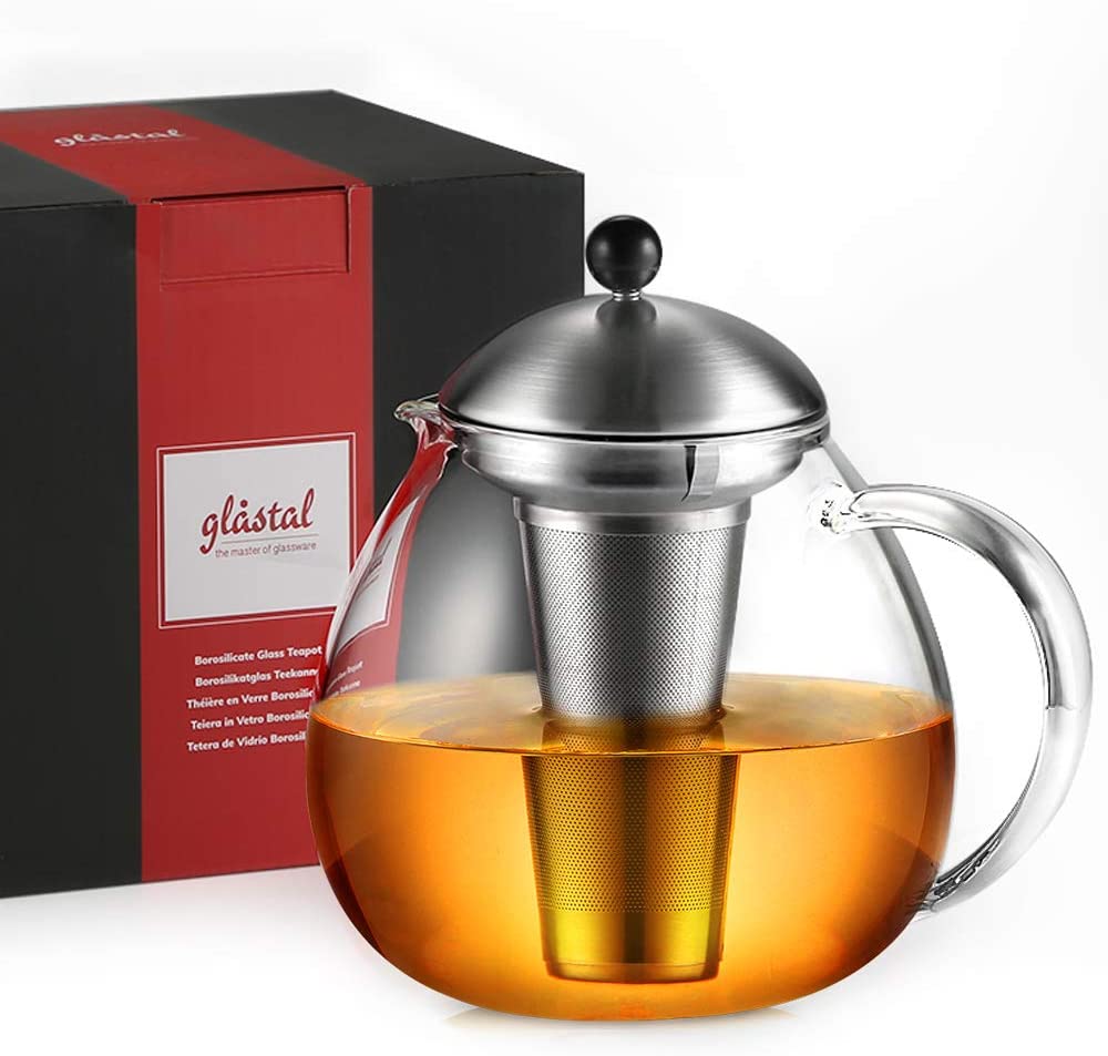 Glastal Glass Teapot 1500 ml with 18/10 Stainless Steel Tea Strainer, Large Borosilicate Glass, Tea Maker on Stove, Glass Jug with Removable Sieve, 1500ml