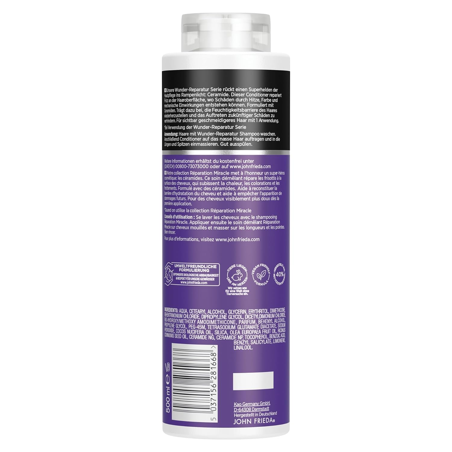 John Frieda Miracle Repair Conditioner - Advantage Size: 500 ml - Frizz Ease Series - Hair Type: Unruly, Damaged, Stressed - Cabinet Size (Pack of 2)
