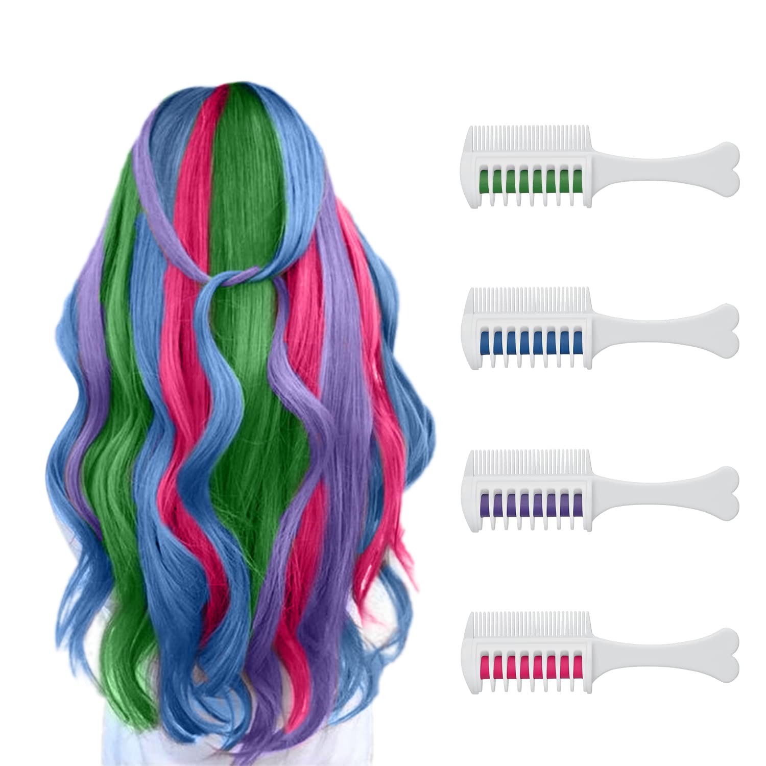 MSDADA Safety Hair Chalk Comb in 4 Fashion Colours to Choose From, Temporary DIY H, green ‎pink, blue, purple,