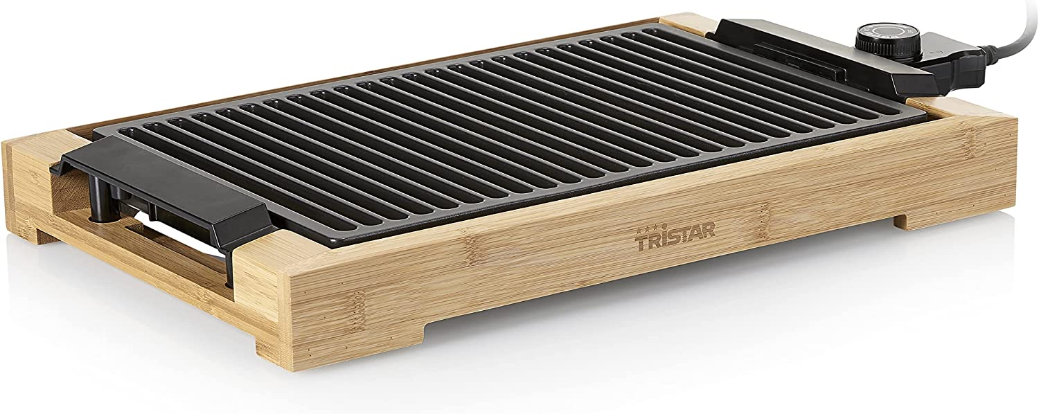 Tristar BP-2785 Table Grill / Barbecue Grill with Grill Grate, 2000 Watt Power, a Grill Surface of 37 x 25 cm, Bamboo Casing