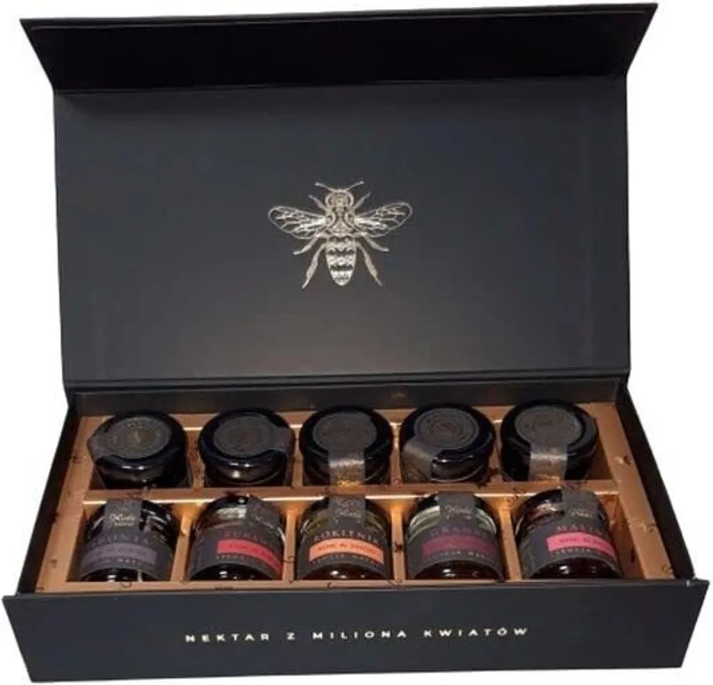 NATURAL FOOD Vielblütige Nektarblume - 5x Honig + 5x Saft - Premium Geschenkset - Vegetarisch - Elegante Schwarze Box Gläser mit Bändern - 10x40 g