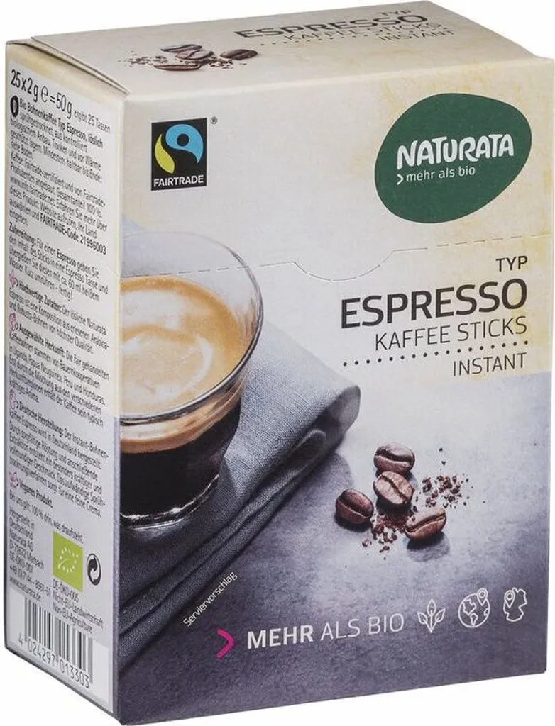 Naturata Espresso Coffee Sticks Instant Coffee Beans - 50g x 8 - Pack of 8