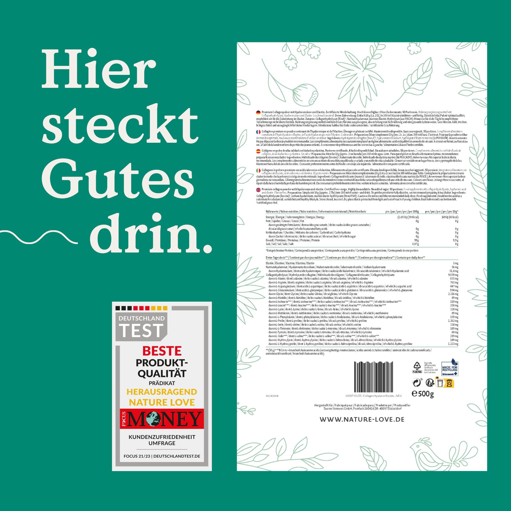 NATURE LOVE® Premium Collagenpulver mit Hyaluron und Elastin