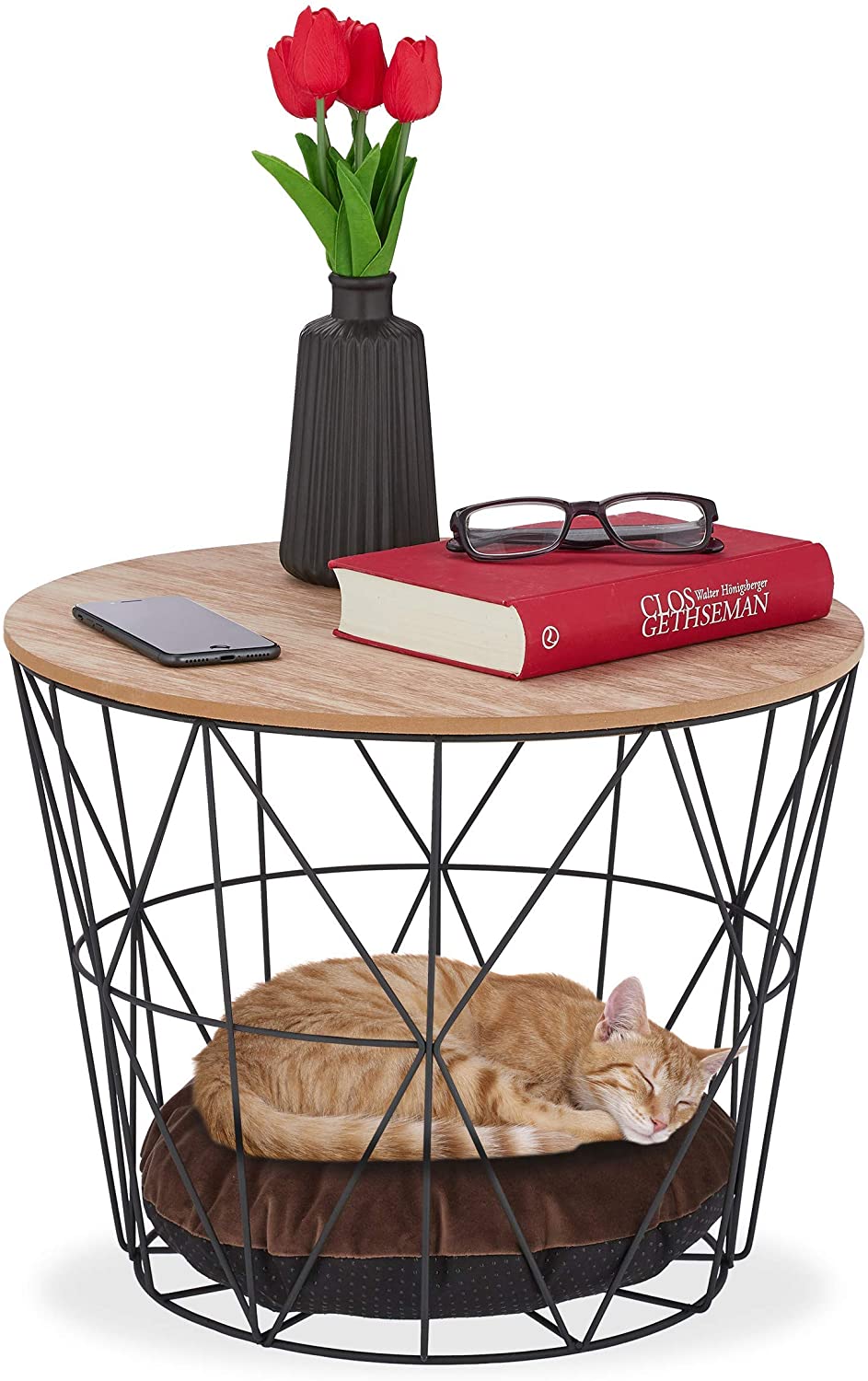 Relaxdays Wicker Table With Cave For Cats And Small Dogs, Wire Basket Side 