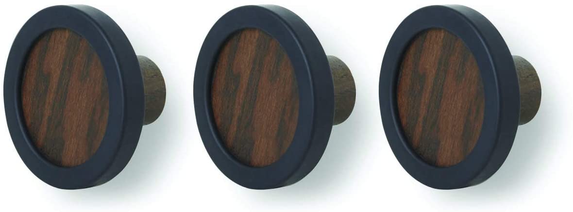 Umbra Hub Solid Wood Coat Hooks with Rubber Frame, Black/Walnut, Set of 3
