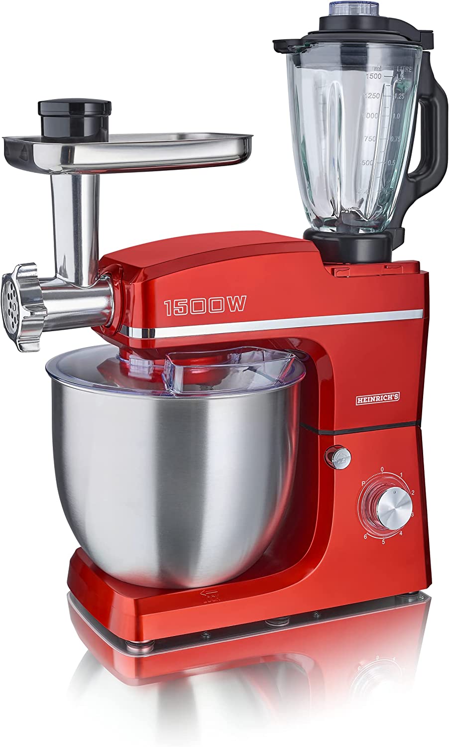 Heinrich´s HEINRICHS 3 in 1 Universal Küchenmaschine, Küchengerät 1500W, 6 Geschwindigkeitsstufen, Multifunktionale Knetmaschine mit Fleischwolf, 1.5L Mixerbehälter, XXXL 10L Edelstahlschüssel (Rot)