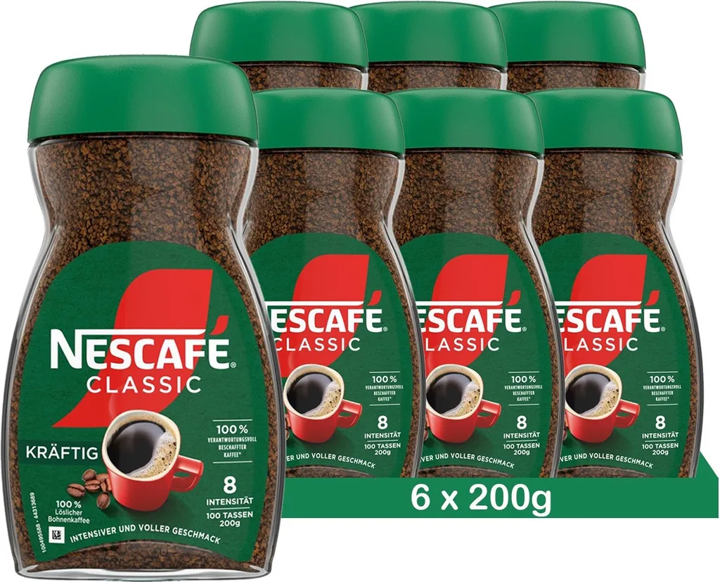 NESCAFÉ Classic Kräftig, löslicher Bohnenkaffee aus dunkel gerösteten Kaffeebohnen (6 x 200g)
