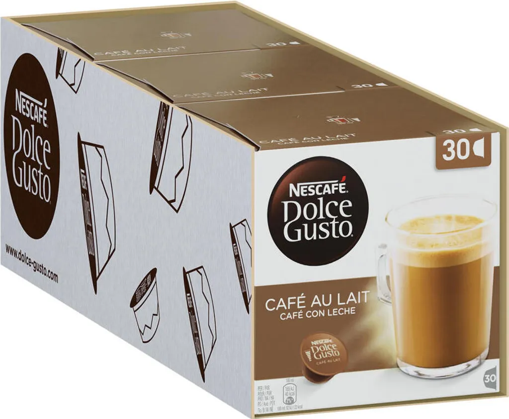 Nescafé Dolce Gusto Café au Lait Storage Box, Set of 3, Coffee, Latte, Coffee Capsules, 3 x 30 Capsules