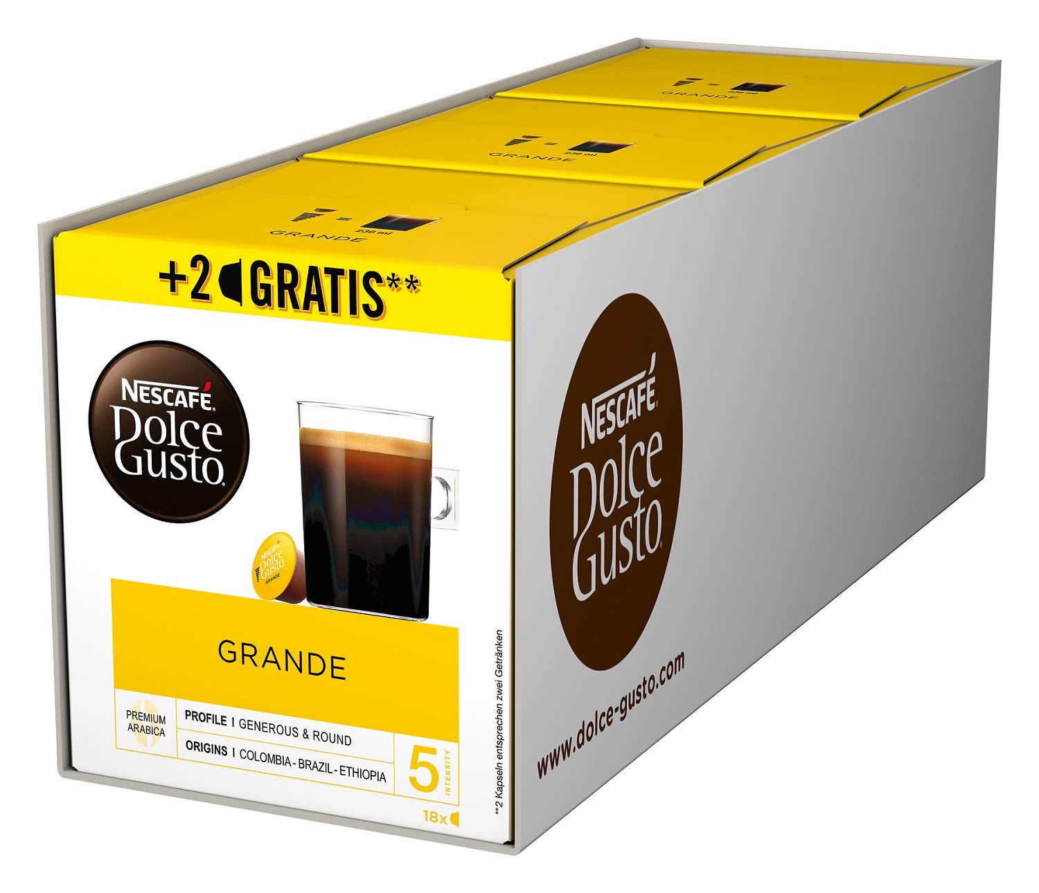 NESCAFÉ Dolce Gusto Grande Kaffee 54 Kaffeekapseln (100% Arabica Bohnen, Feine Crema und kräftiges Aroma, Schnelle Zubereitung, Aromaversiegelte Kapseln) 3er Pack (3 x 16 + 2 Kapseln)