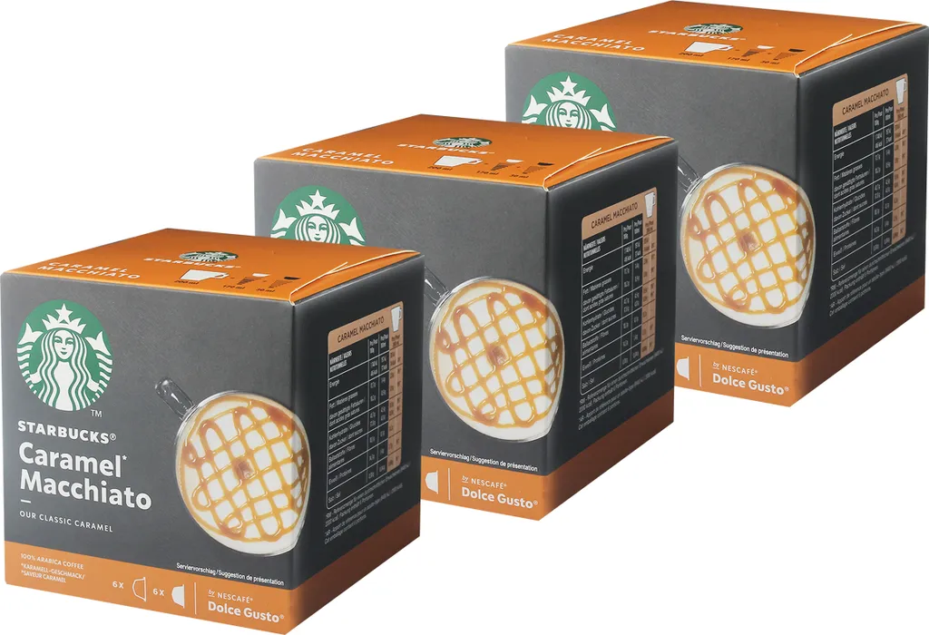 Nescafé Dolce Gusto Starbucks Caramel Macchiato 3-pack, Latte Macchiato with Caramel, Coffee Capsule, Roasted Coffee, 3 x 12 Capsules