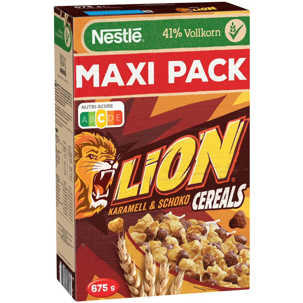 Nestle Lion Cereals Caramel Chocolate Cornflakes 41% Whole Grain 1 Pack (1x675g MAXI Pack) + usy Block