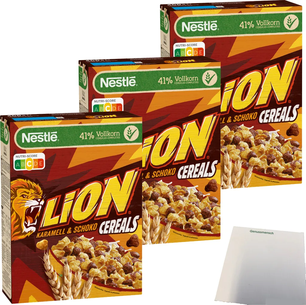 Nestle Lion Cereals Caramel Chocolate Cornflakes 41% Whole Grain 3-pack (3x400g pack) + usy Block