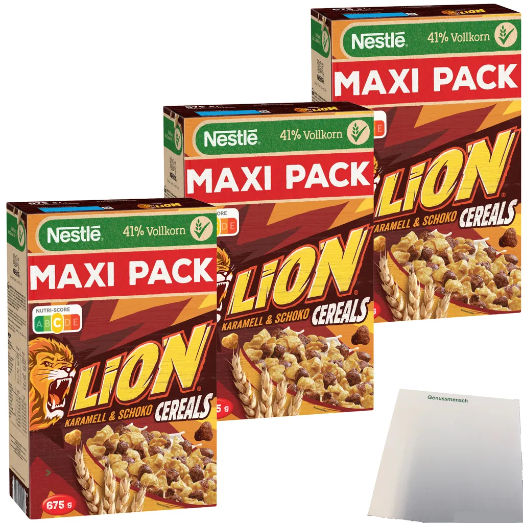 Nestle Lion Cereals Caramel Chocolate Cornflakes 41% Whole Grain 3-pack (3x675g MAXI pack) + usy Block