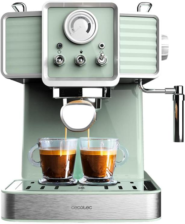 Cecotec espresso machine Power Espresso 20 Traditional Light Green, 1350 W, espresso and cappuccino, 20 bar and thermoblock, steam outlet, pressure gauge, vintage design, capacity 1.5 liters
