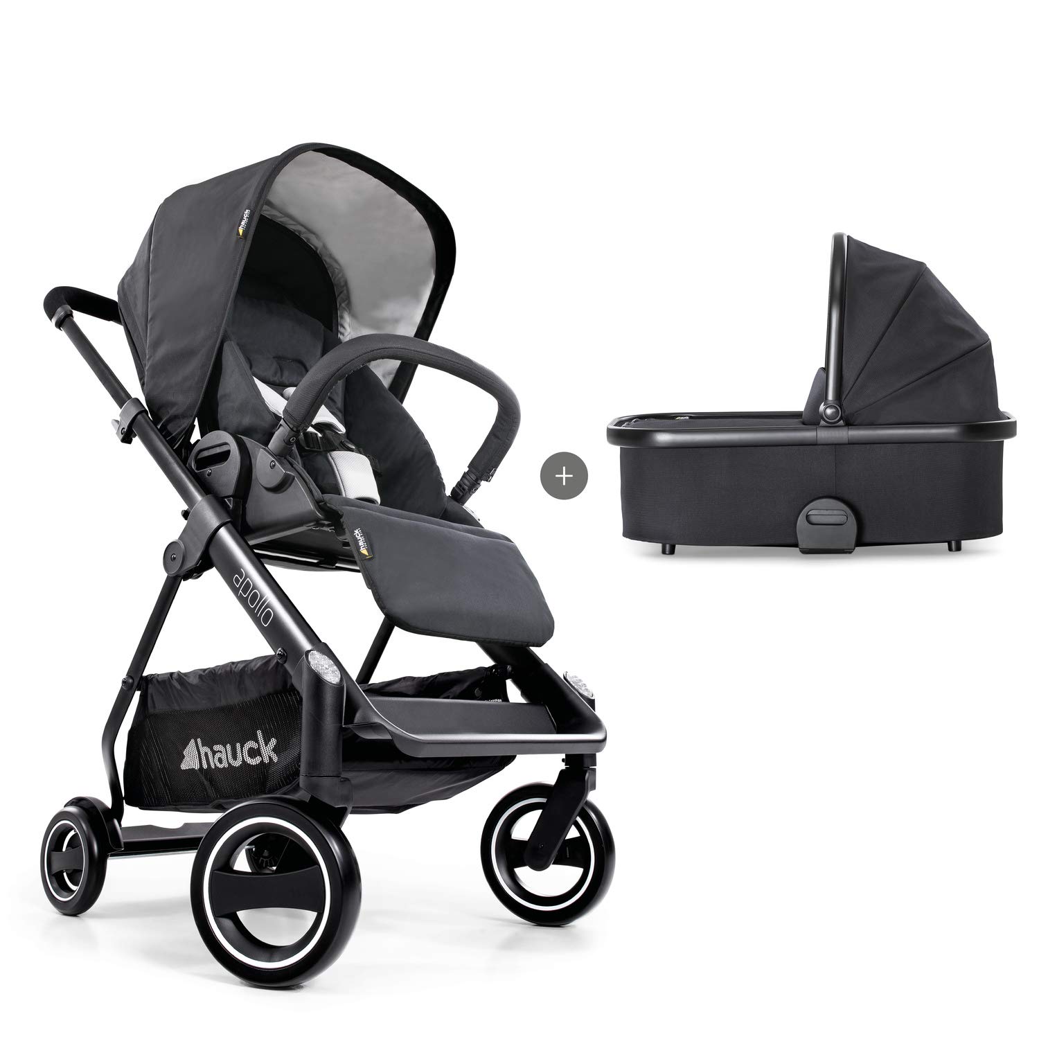 Hauck Apollo Duoset Pushchair + Leg Cover + Baby Tub Rotatable up to 25 kg Reflectors Height Adjustable Push Handle Compact Foldable Car Seat Compatible Black