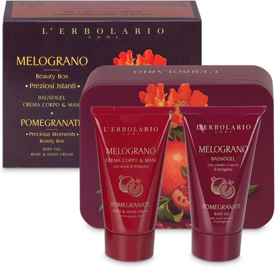 L \ 'Erbolario - Beauty Box Preziosi - Elegant Limited Edition Gift Box - Contains 1 Bagnogel Pomegranate 75 ml + 1 Body Cream & Hands PomeGranate 75 ml