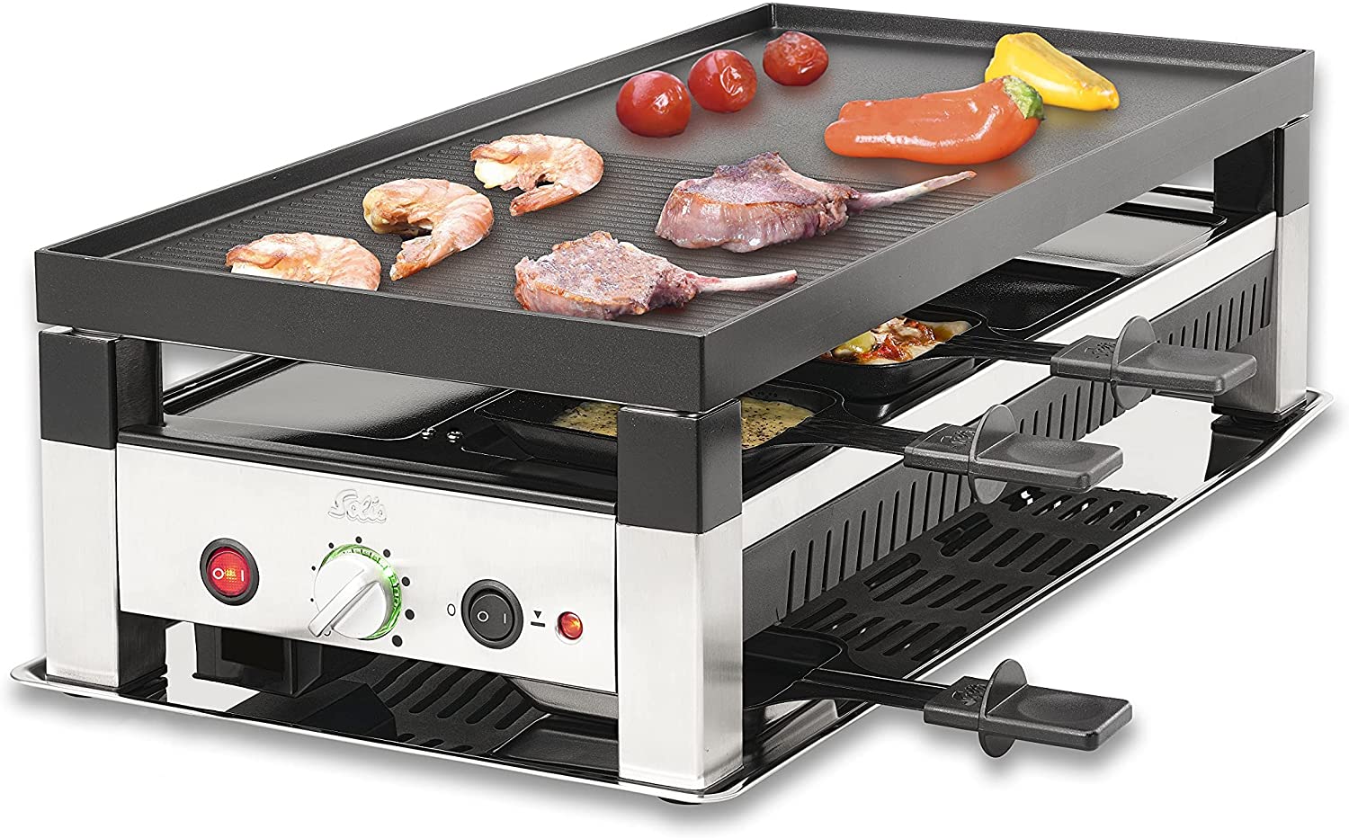 Solis Table Grill 5 in 1 Table Grill 791 - Raclette + Grill + Wok + Pizza Grill + Crepes - Raclette for 8 People - Stainless Steel