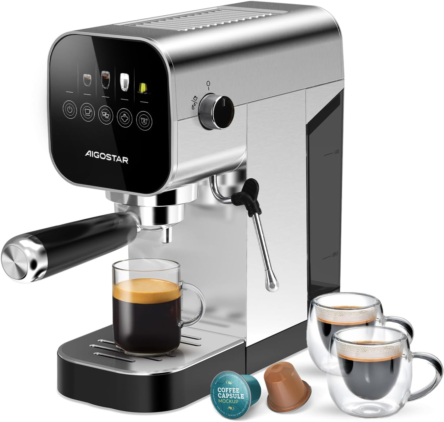 Aigostar Barista Espresso Portafilter Machine, Compatible with Capsules and Ground Coffee, 20 Bar, Digital Touch Panel, 1/2 Cups, Espresso Machine with Milk Frother, 0.9 L, 1350 W, Stainless Steel