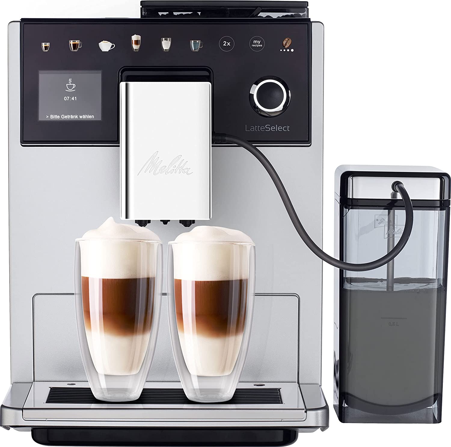 Melitta Latte Select F 630-201 Fully Automatic Coffee Machine with Milk System, Whisper-Quiet Grinder, Touch Function, 12 Coffee Specialities and 2 Bean Containers, Silver