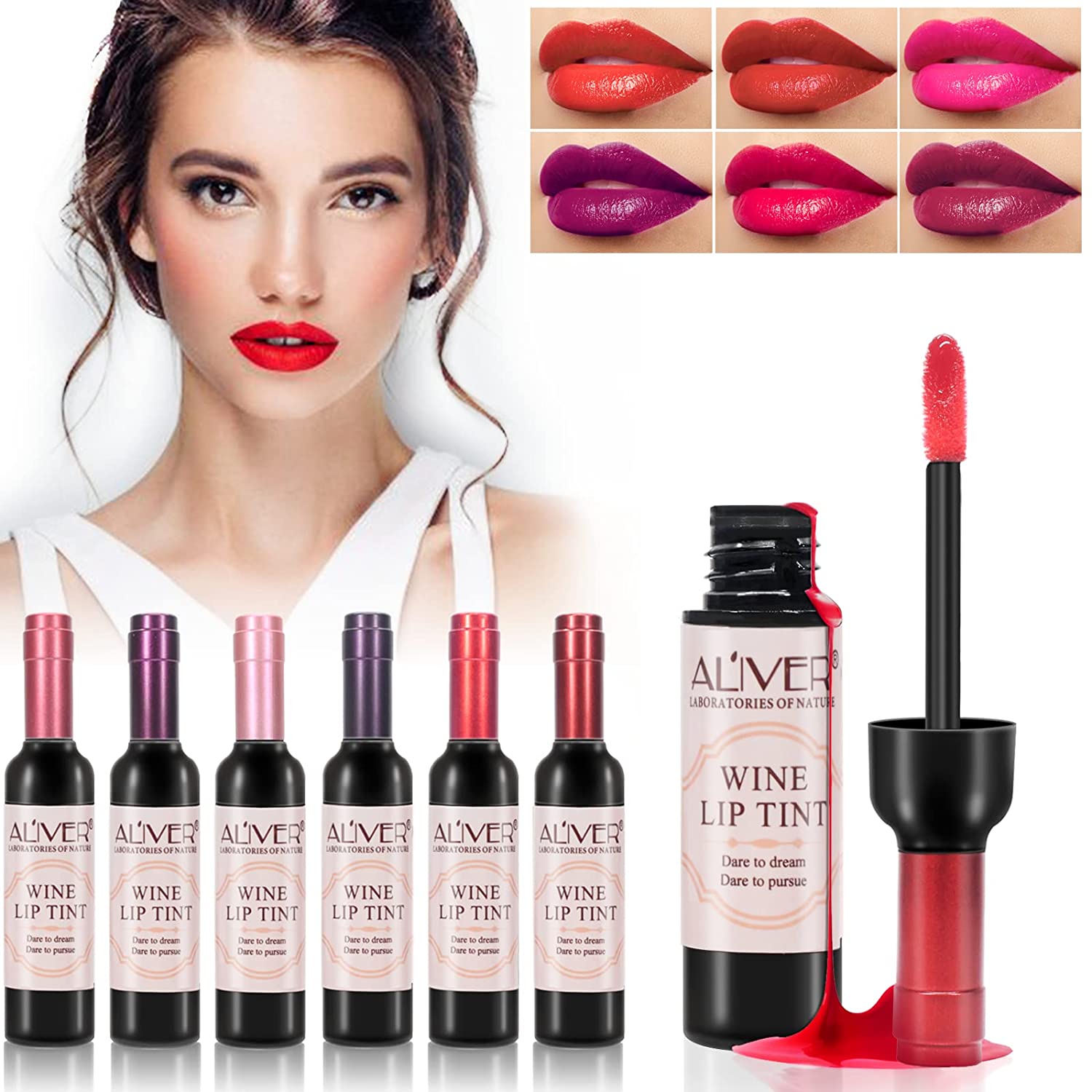 PEPHUCA Wine Lip Tint - 6 Farben Weinflasche Lippenfleck lipgloss Lang anhaltender wasserdichter Matt Lippenstift Make Up Geschenk für Mädchen und Frauen